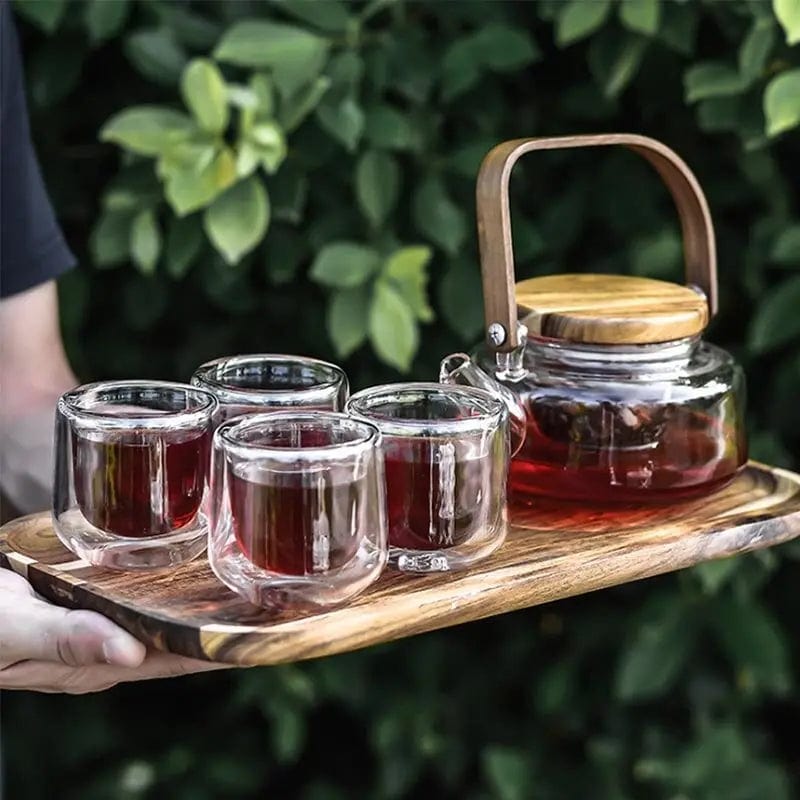Service à thé Scandinave en Verre et Bois d'Acacia 600ML
