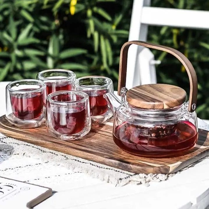 Service à thé Scandinave en Verre et Bois d'Acacia 600ML