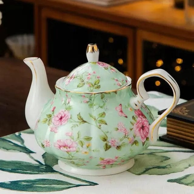 Théière Anglaise en Porcelaine Verte à Fleurs 400ML
