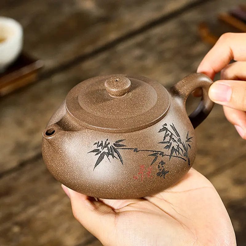 Théière Chinoise Yixing Marron Motif Bambou en Argile 230ML