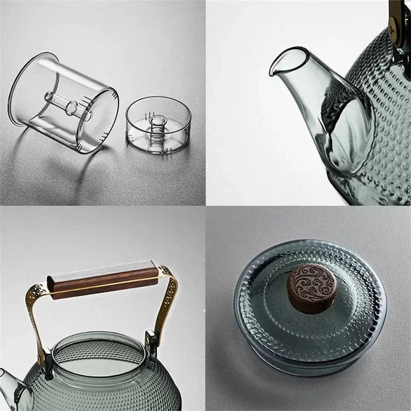 Théière en Verre à Points et Manche Bois 1L