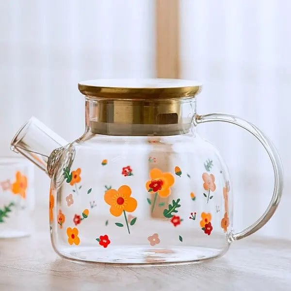 Théière en Verre Couvercle Doré avec motifs Fleurs 1L - 1.7L