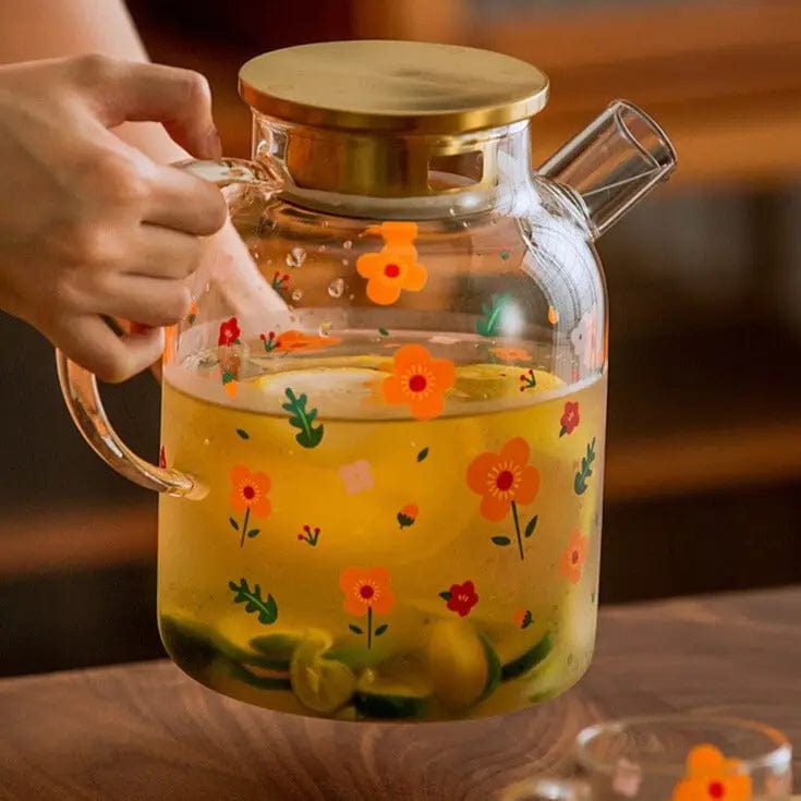 Théière en Verre Couvercle Doré avec motifs Fleurs 1L - 1.7L