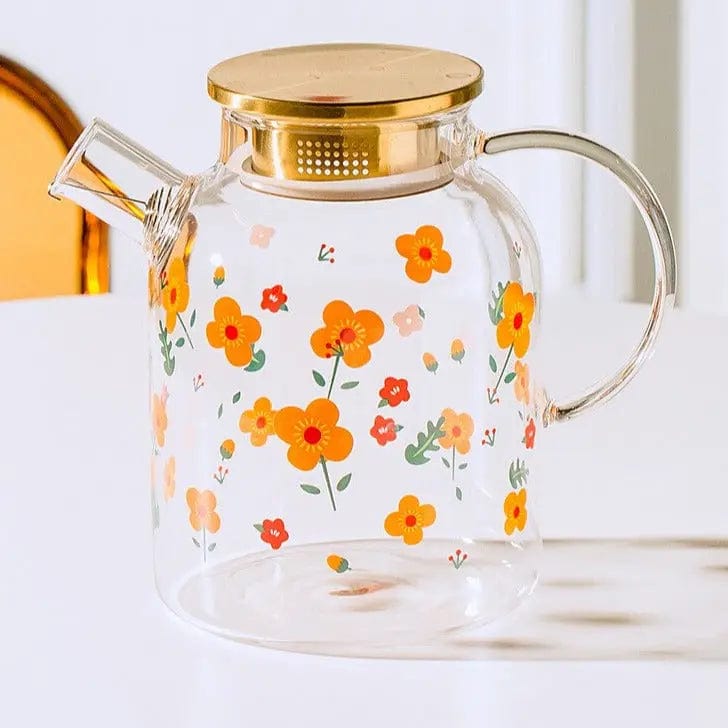 Théière en Verre Couvercle Doré avec motifs Fleurs 1L - 1.7L