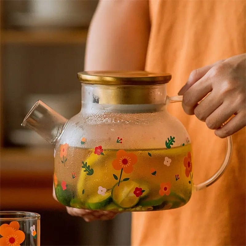 Théière en Verre Couvercle Doré avec motifs Fleurs 1L - 1.7L