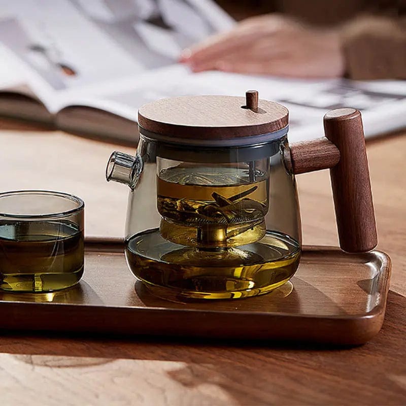 Théière en Verre et Bois avec Infuseur à bouton 400ml