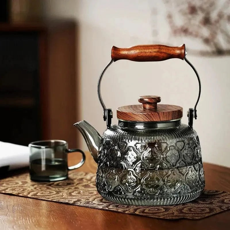 Théière en Verre et Bois Grise Transparente Embossée 900ml