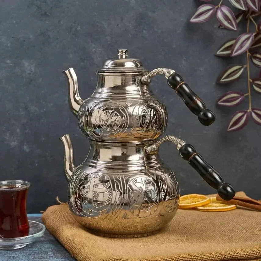 Théière Turque Argentée Double Étage en Cuivre