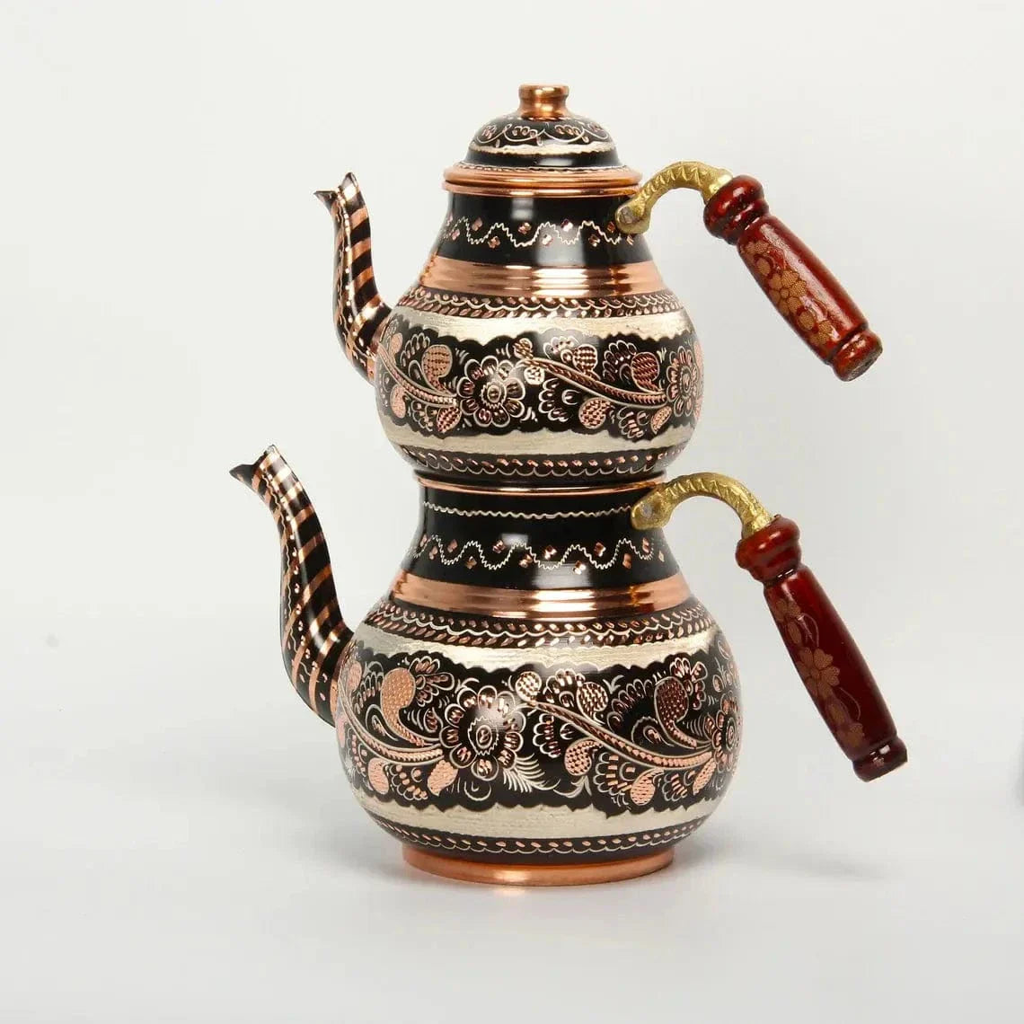 Théière Turque Double Étage en Cuivre et Motifs Fleurs